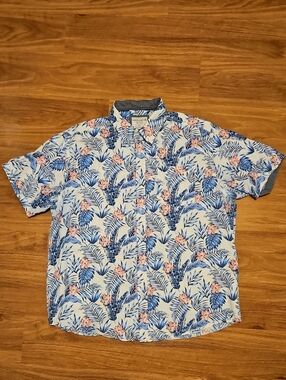 Free Planet 2XL Mens White And  Blue Tropical Short-Sleeve Button-Down Shirt